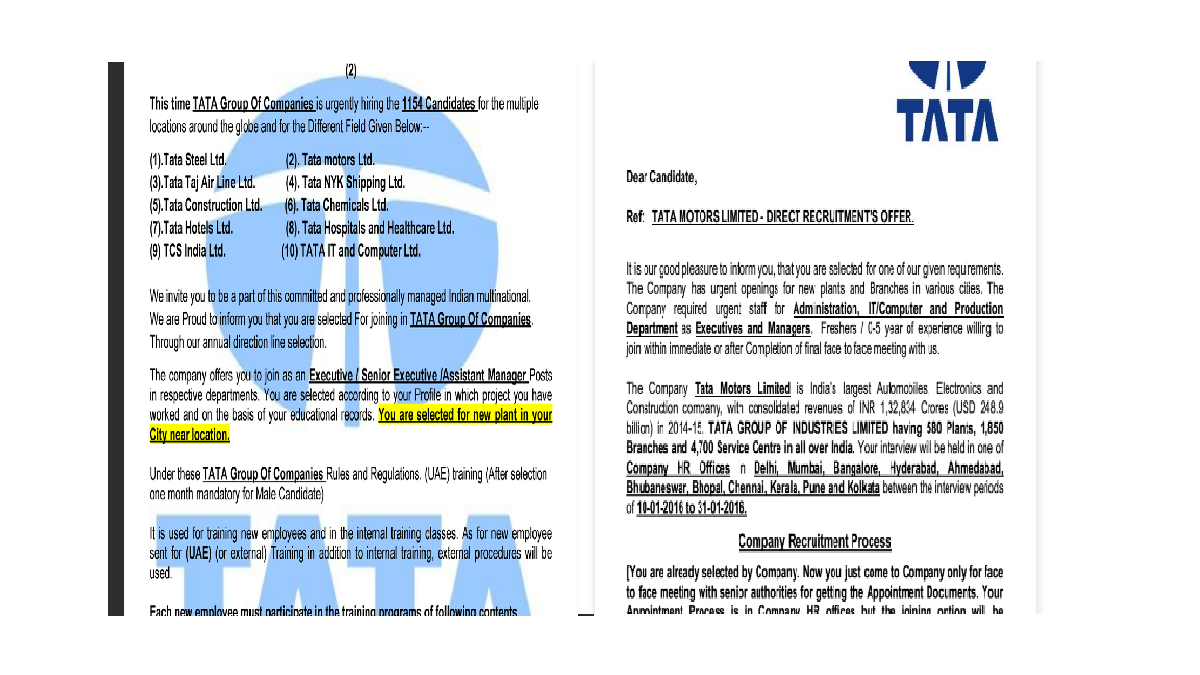 Fake offer letter from TATA