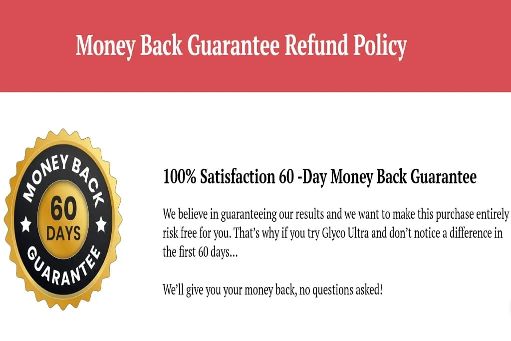 Screenshot of Glyco Ultra website refund policy showing a 60-day money-back guarantee for customers