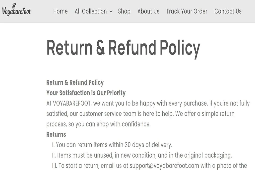 Voyabarefoot return and refund policy page explaining 30-day returns and customer support process