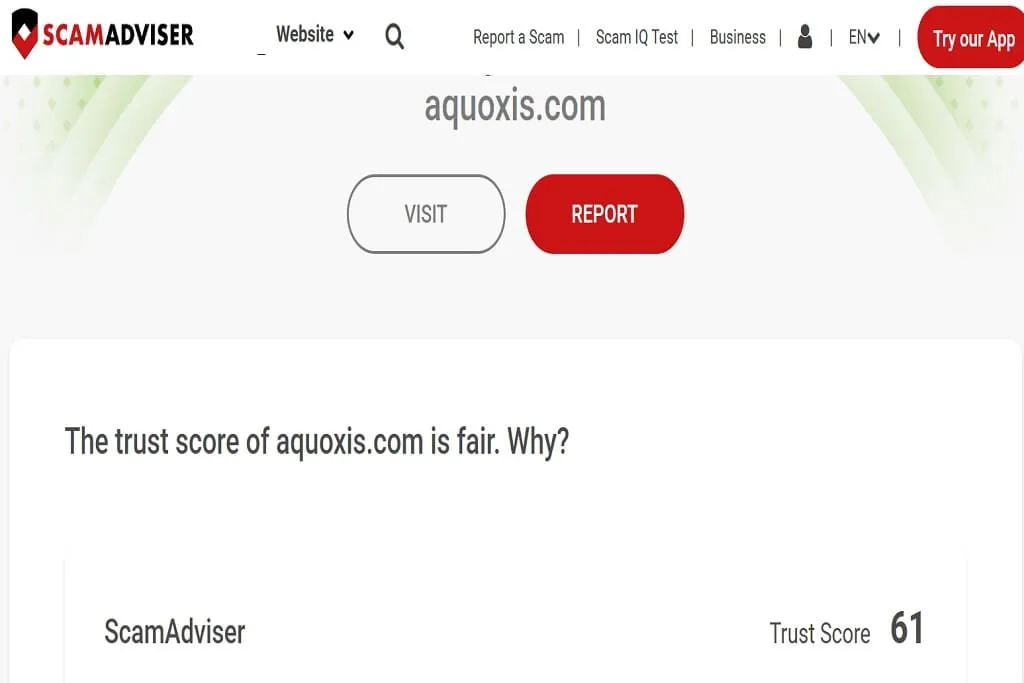 
ScamAdviser trust score screenshot for Aquoxis website showing moderate risk rating
