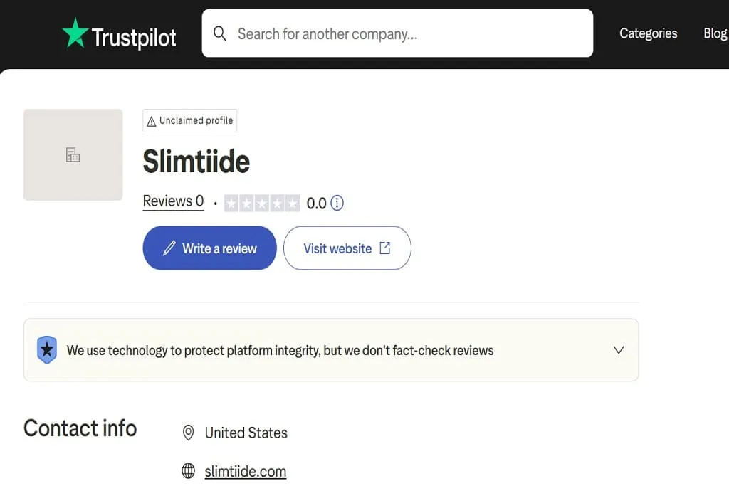 Trustpilot search screenshot showing little or no verified customer review activity related to Slimtiide Weight Loss Supplement