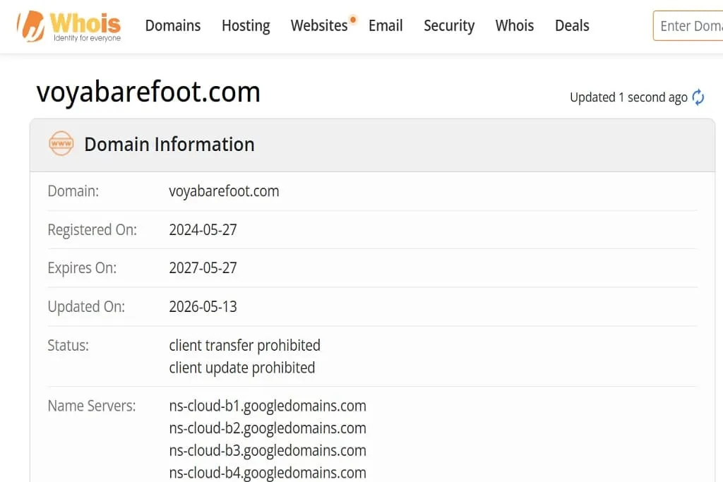 WHOIS domain registration details for Voyabarefoot com showing website creation date and registration information