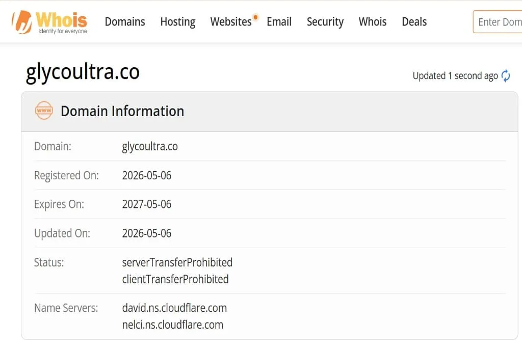 WHOIS domain registration details screenshot showing Glycoultra co was registered in May 2026