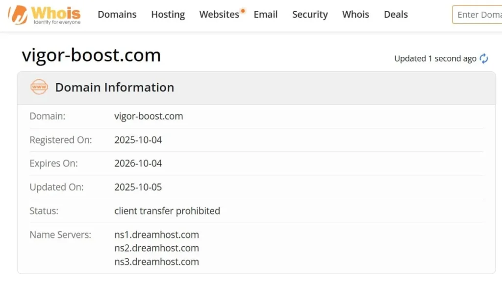 WHOIS domain registration details for Vigor-boost showing registration and expiry dates