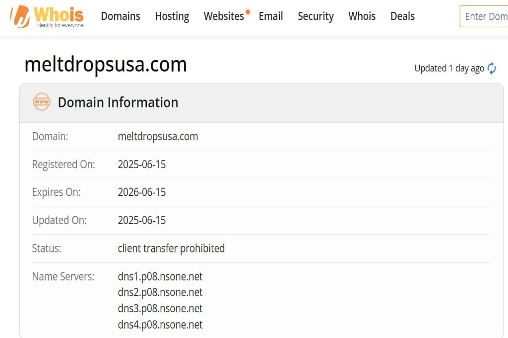Whois domain registration details screenshot for Meltdropsusa com showing creation and expiry dates
