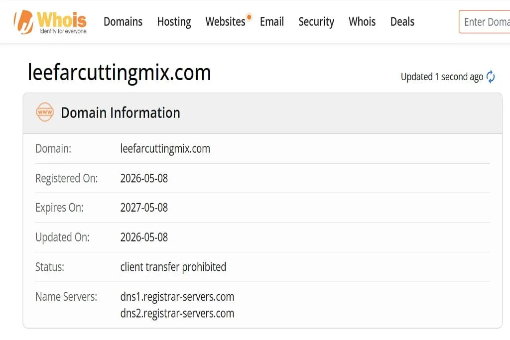 WHOIS domain registration details for leefarcuttingmix.com showing recent 2026 registration date