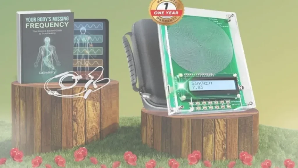 Calminity Bio-Healing Frequency Generator sales page with product claims and discount promotion