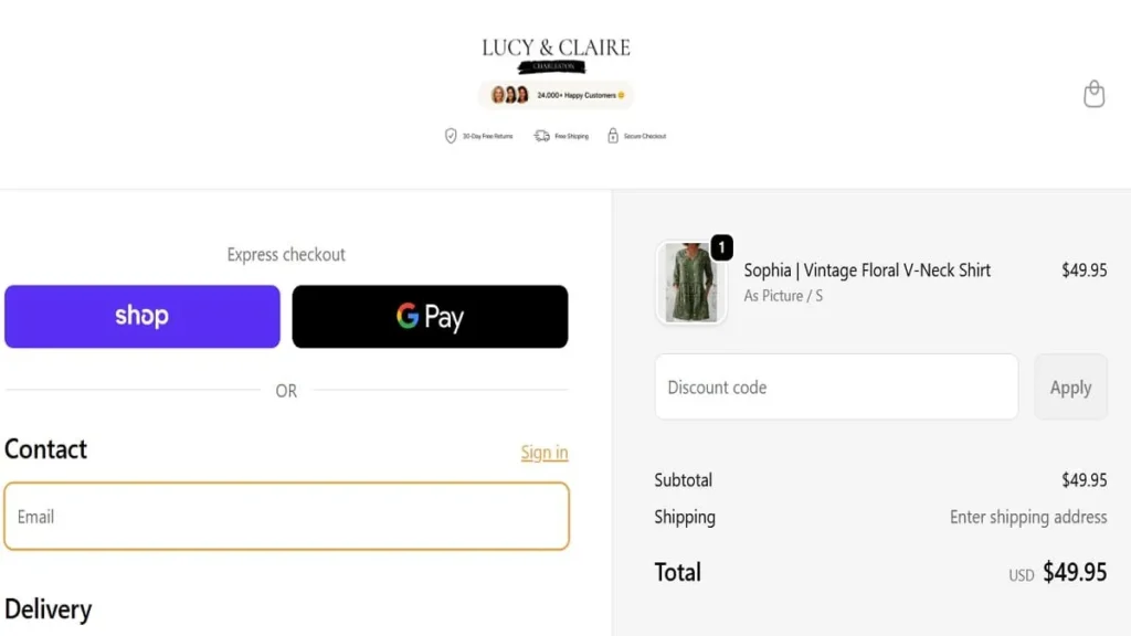 Lucyandclaire-charleston checkout page displaying payment options, order summary, and customer billing details