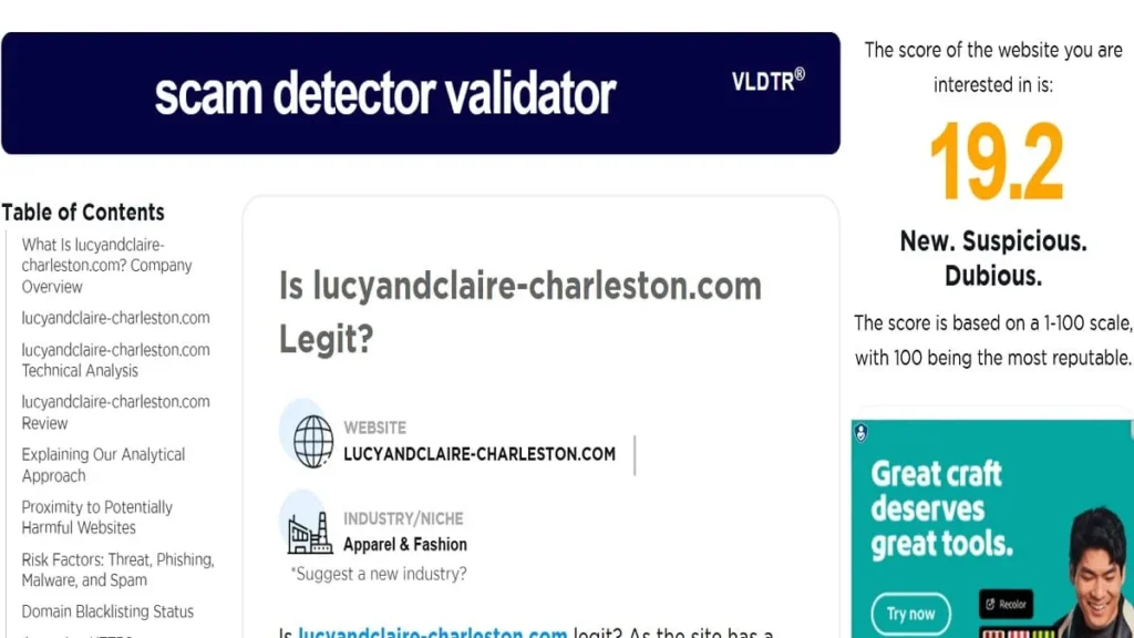 Scam Detector trust score for Lucyandclaire-charleston displaying a low website credibility rating
