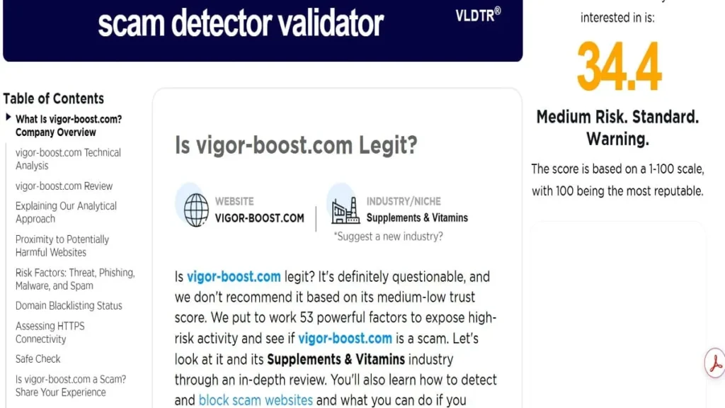 Scam Detector trust score page displaying a low trust rating for Vigor-boost website
