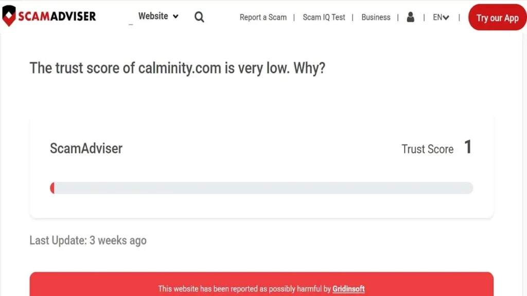 ScamAdviser trust score page showing very low rating for Calminity website