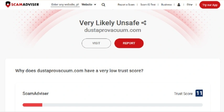 DustaPro Robot Vacuum review 2026 showing scam warning signs, trust score analysis, and website investigation.