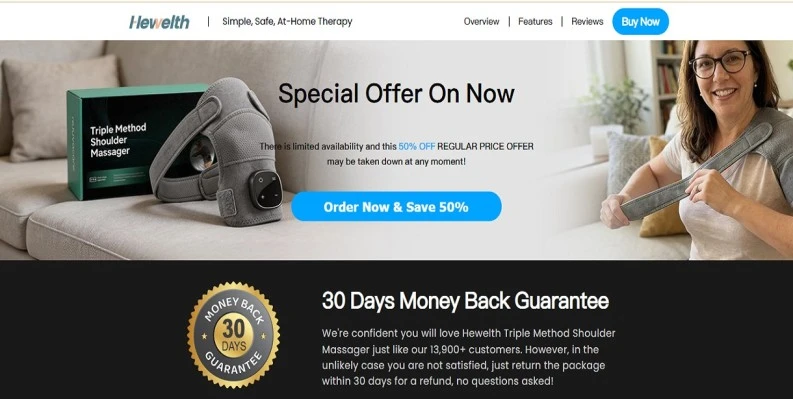 Mendable Shoulder Massager featured on mendablemassager net reviewed in the Hewelth scam or legit 2026 investigation.