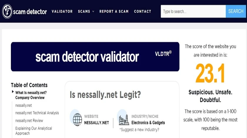 Nessally homepage showing fashion and lifestyle products reviewed as a potential scam website in 2026.