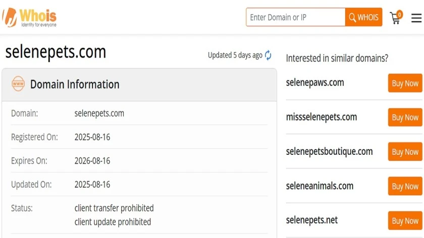 Selene Pets review 2026 showing website trust score, domain age, refund policy, and scam warning signs