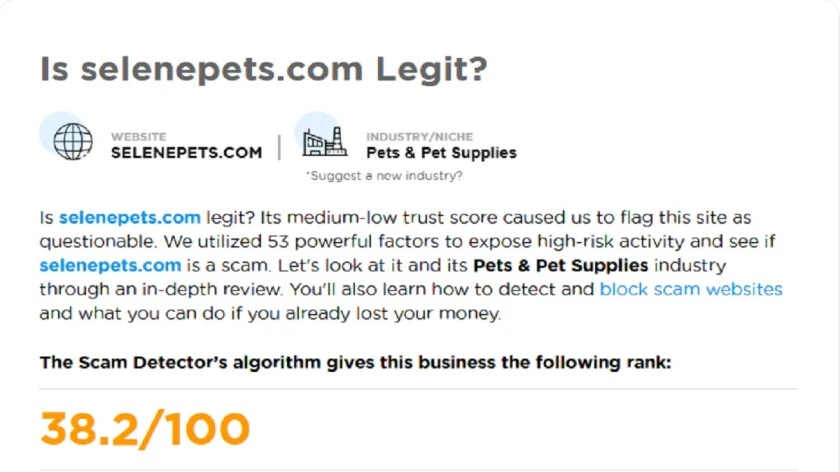 Selene Pets review 2026 showing website trust score, domain age, refund policy, and scam warning signs