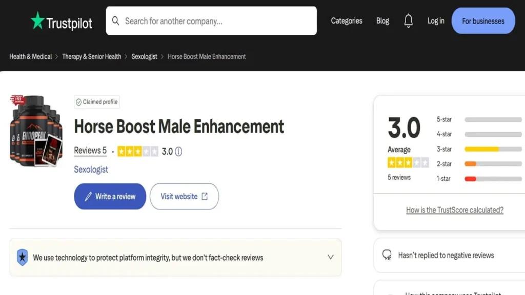 
Trustpilot search results for Horse Boost Supplement showing limited or unavailable customer review information.