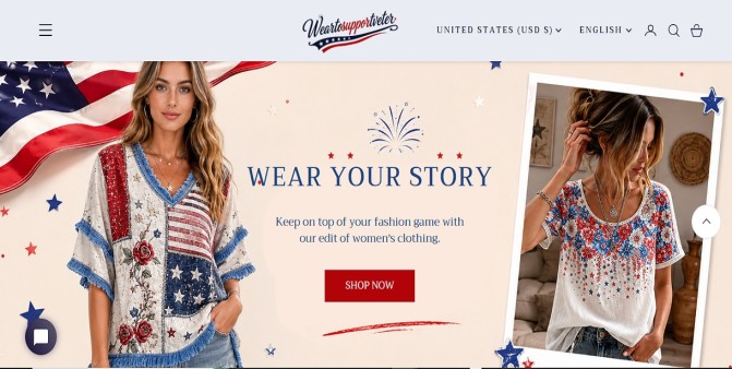 Wear To Support Veterans Review 2026 (1) Wear To Support Veterans website homepage showing veteran-themed apparel and clothing products reviewed in 2026.