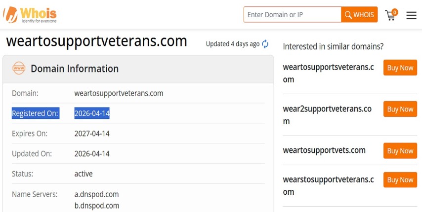Wear To Support Veterans Review 2026. (1) Wear To Support Veterans website homepage showing veteran-themed apparel and clothing products reviewed in 2026.