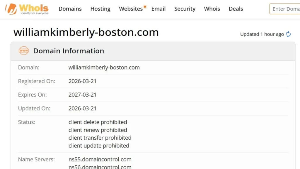 WHOIS record screenshot showing Williamkimberly Jewelry domain registration date, expiration date, and registration details.