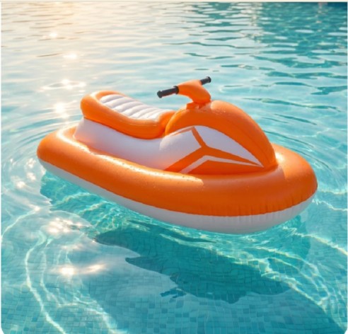 MyFloatSki inflatable electric water scooter floating in a swimming pool during a MyFloatSki review scam or legit investigation