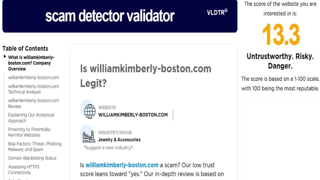 Scam Detector trust score report for Williamkimberly Jewelry displaying a low trust rating and risk assessment indicators.