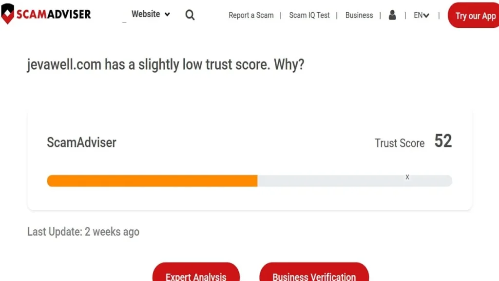 ScamAdviser trust score page displaying the risk assessment and reputation information for Jevawell com