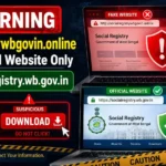 Warning about socialregistrywbgovin.online showing fake Social Registry website and directing users to use the official socialregistry.wb.gov.in government portal
