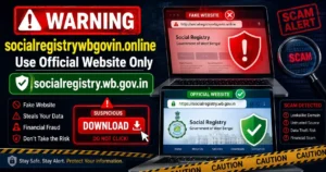 Warning about socialregistrywbgovin.online showing fake Social Registry website and directing users to use the official socialregistry.wb.gov.in government portal