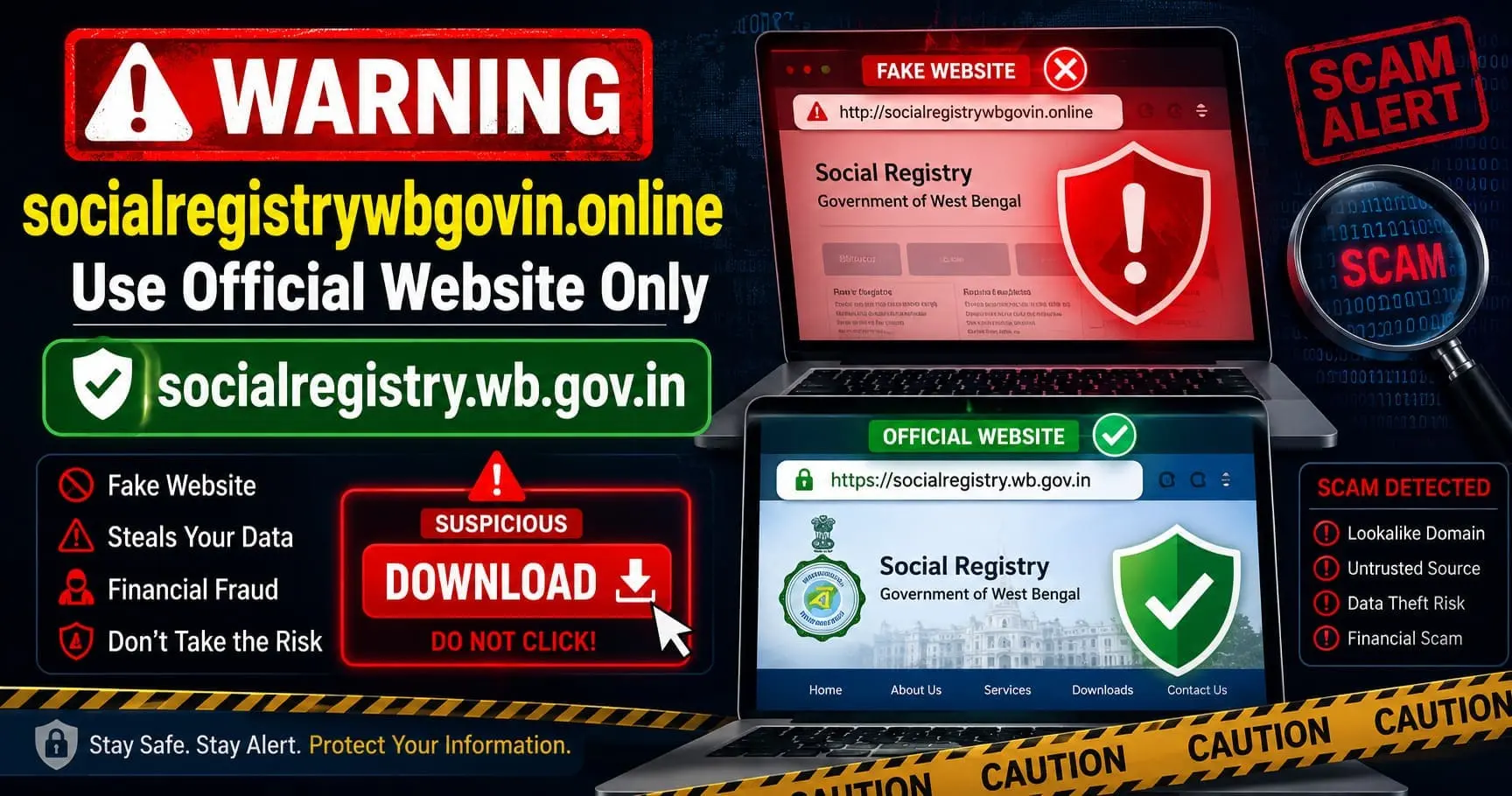 Warning about socialregistrywbgovin.online showing fake Social Registry website and directing users to use the official socialregistry.wb.gov.in government portal