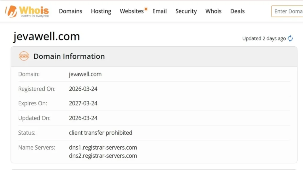 WHOIS record showing the registration date and domain details for Jevawell com