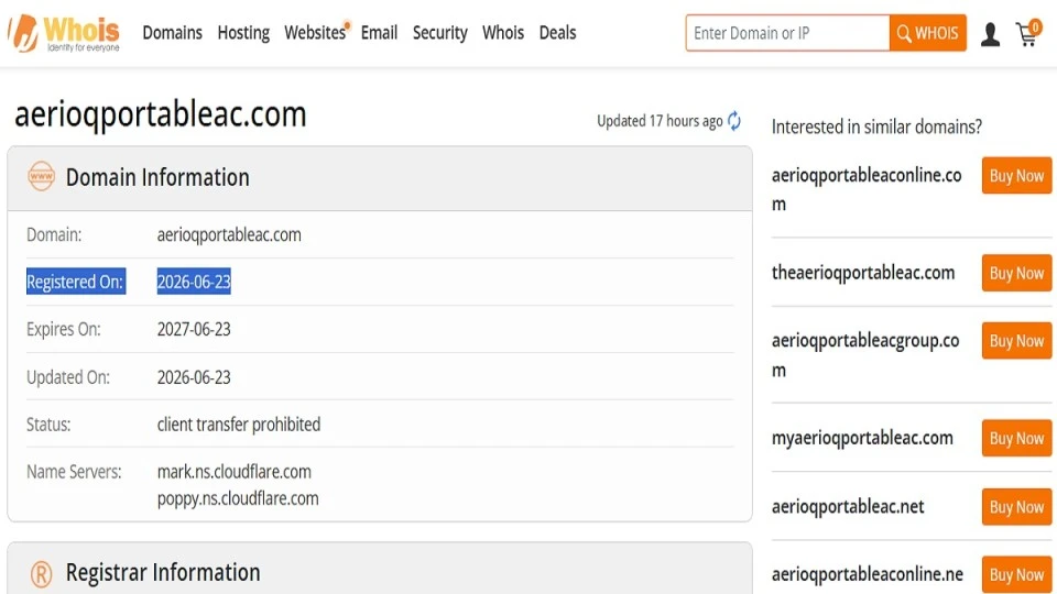 AerioQ Portable AC Review 2026 highlighting scam concerns, low trust score and shopping risks