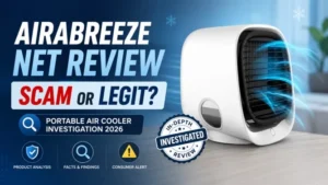 Airabreeze net review featured image showing portable air cooler with scam or legit investigation text