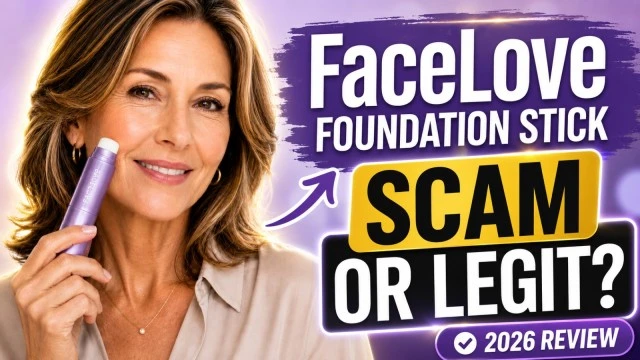 Facelove Cosmetics review showing FaceLove Foundation Stick and warning signs about facelove-cosmetics com