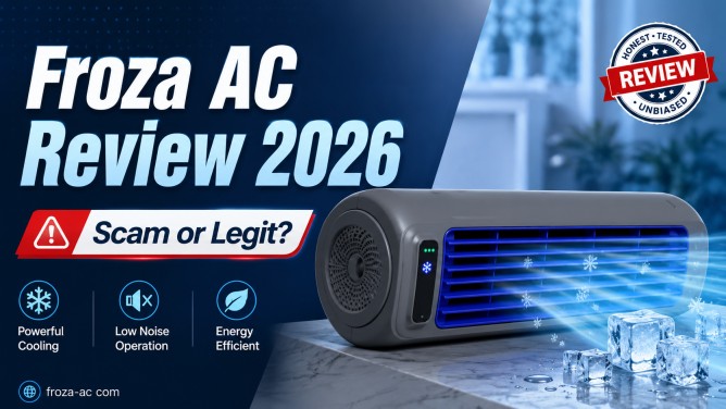 Froza AC Review 2026 featured image showing the portable cooling device with scam or legit warning text.