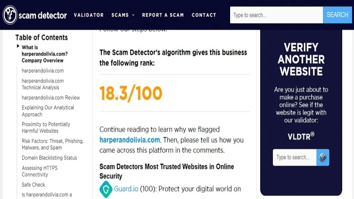 Harper & Olivia website review showing key warning signs, domain age, trust score, and online shopping risk analysis.