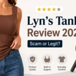 Lyn’s Tanks Review 2026 featured image showing brown built-in bra tank top with scam or legit review graphics