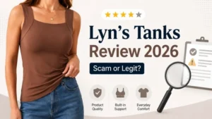 Lyn’s Tanks Review 2026 featured image showing brown built-in bra tank top with scam or legit review graphics