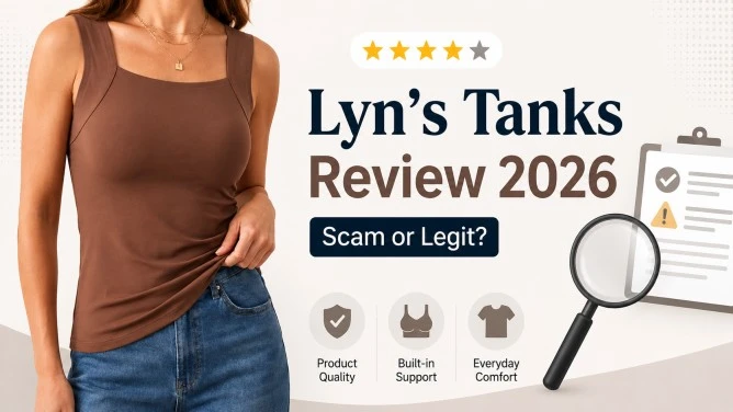 Lyn’s Tanks Review 2026 featured image showing brown built-in bra tank top with scam or legit review graphics