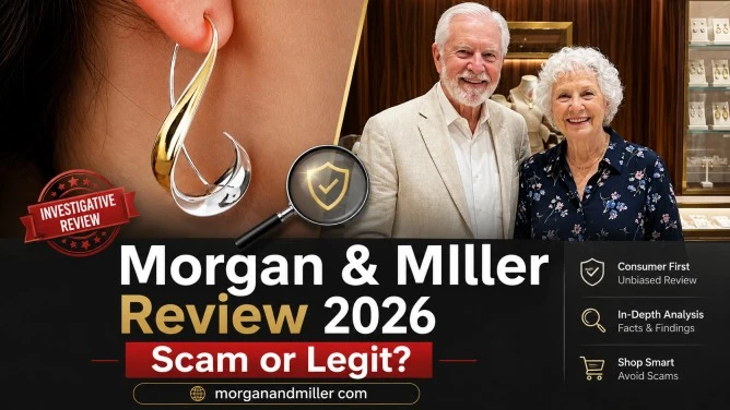 Morgan & Miller Review 2026 feature image showing jewelry, an elderly couple in a jewelry store, and the question “Scam or Legit?”