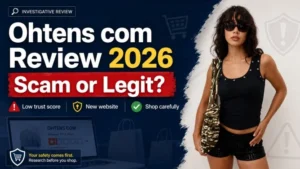 Ohtens com review 2026 feature image showing fashion product photo with scam or legit warning signs