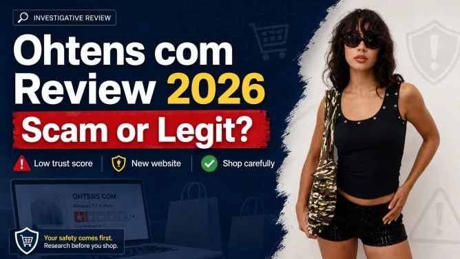 Ohtens com review 2026 feature image showing fashion product photo with scam or legit warning signs