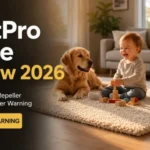 PestPro Store Review 2026 featuring the ultrasonic pest repeller, child, dog, and buyer warning message