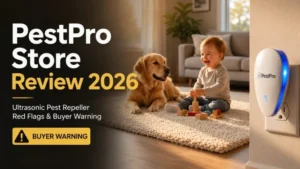 PestPro Store Review 2026 featuring the ultrasonic pest repeller, child, dog, and buyer warning message