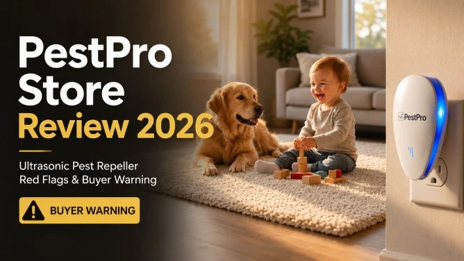 PestPro Store Review 2026 featuring the ultrasonic pest repeller, child, dog, and buyer warning message