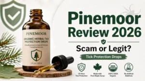 Pinemoor Review 2026 feature image showing Pinemoor tick protection drops with a scam or legit headline