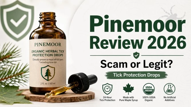 Pinemoor Review 2026 feature image showing Pinemoor tick protection drops with a scam or legit headline