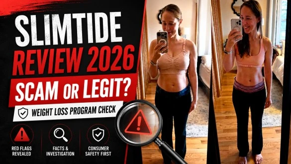 Slimtide in review showing warning signs about hormone-aware weight loss program and website trust issues