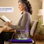 Woman sitting on a chair with a purple gel seat cushion while a posture graphic highlights lumbar support and spinal alignment.