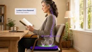 Woman sitting on a chair with a purple gel seat cushion while a posture graphic highlights lumbar support and spinal alignment.